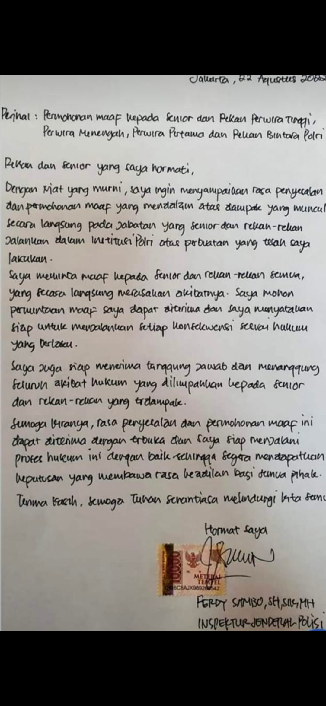 Surat Ferdy Sambo: Siap Menanggung Hukuman Seluruh Anggota Polri yang Terseret Kasus Pembunuhan Brigadir J